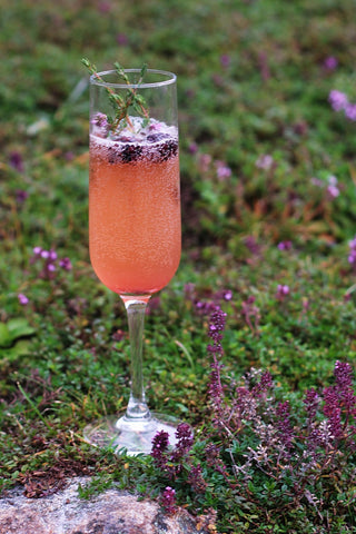 Blackberry and thyme non-alcoholic cocktail with Silver Swallow Luxury Kombucha