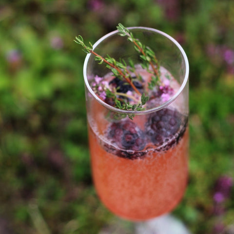 Upclose picture of flowering thyme and blackberries in kombucha cocktail