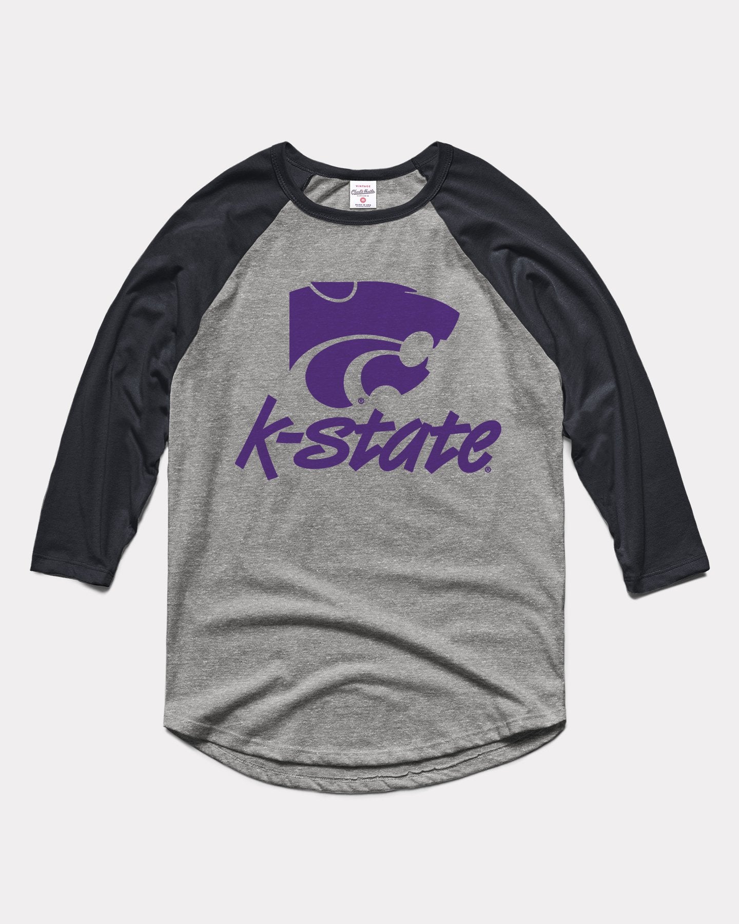 K-State Wildcats Vintage Purple Block Logo Grey & Black Raglan T-Shirt