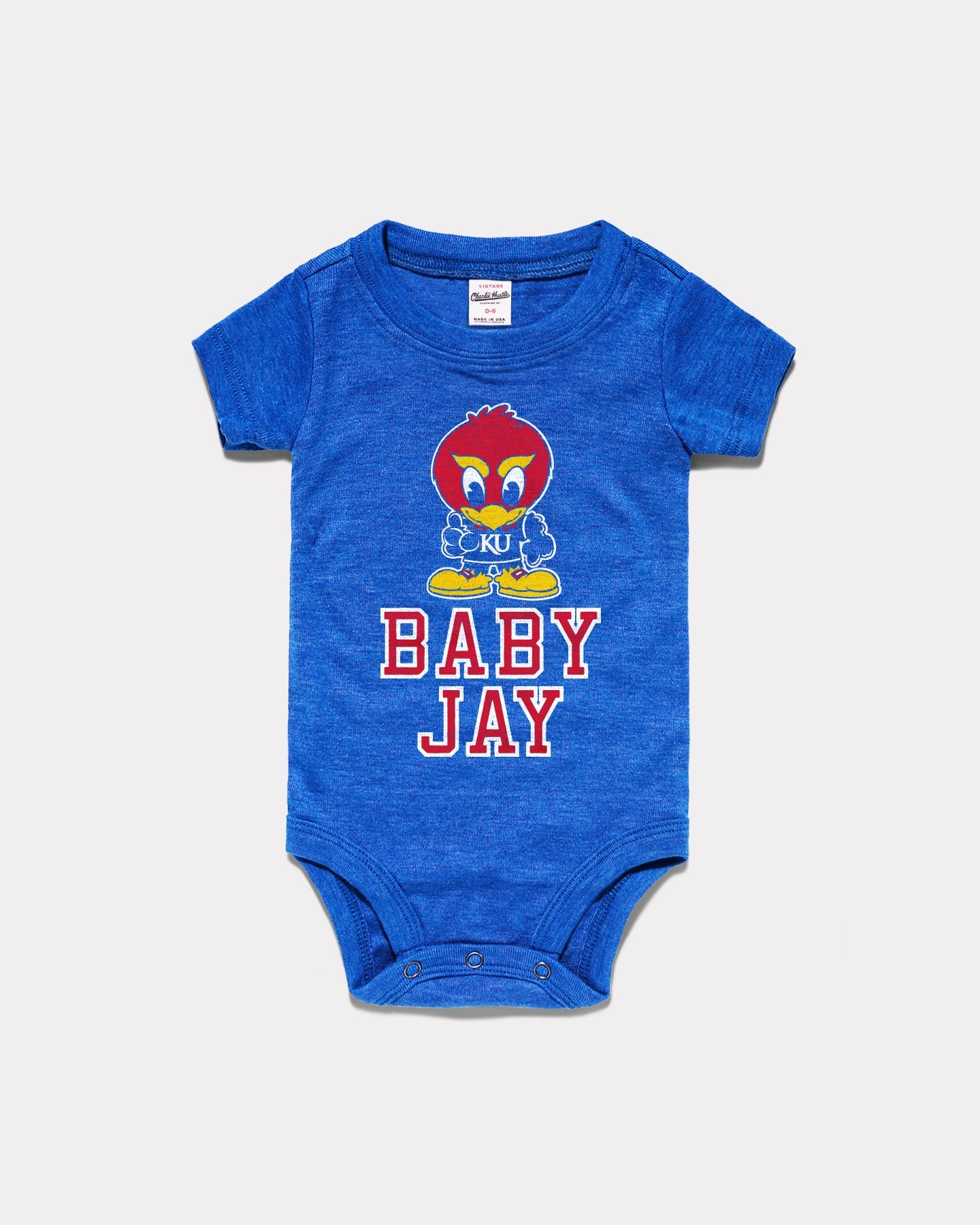 Baby Jay Vintage Kansas Jayhawks Blue Onesie | CHARLIE HUSTLE