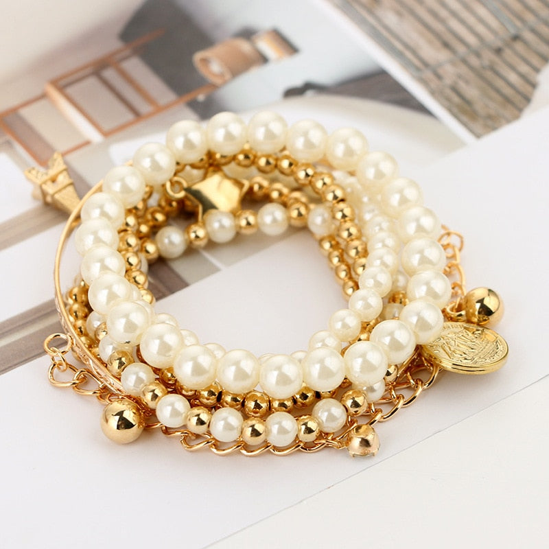 Tocona 6pcs/set Fashion Gold Color Beads Pearl Star Multilayer Beaded Bracelets Set for Women Charm Party Jewelry Gift 5483