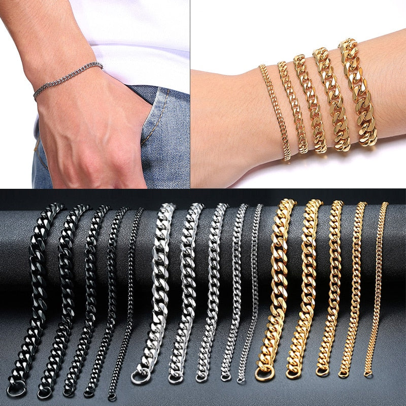Simple 3-11mm Stainless Steel Curb Cuban Link Chain Bracelets for Women Unisex Wrist Jewelry Gifts