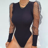 2020 New Lace Puff Sleeve Women 's Bodysuit Autumn Polka Dot Vintage Bodycon Jumpsuit Tops Skinny Mesh Rompers Ladies