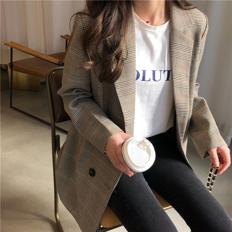 Office Ladies Notched Collar Plaid Women Blazer Double Breasted Autumn Jacket 2020 Casual Pockets Female Suits Coat