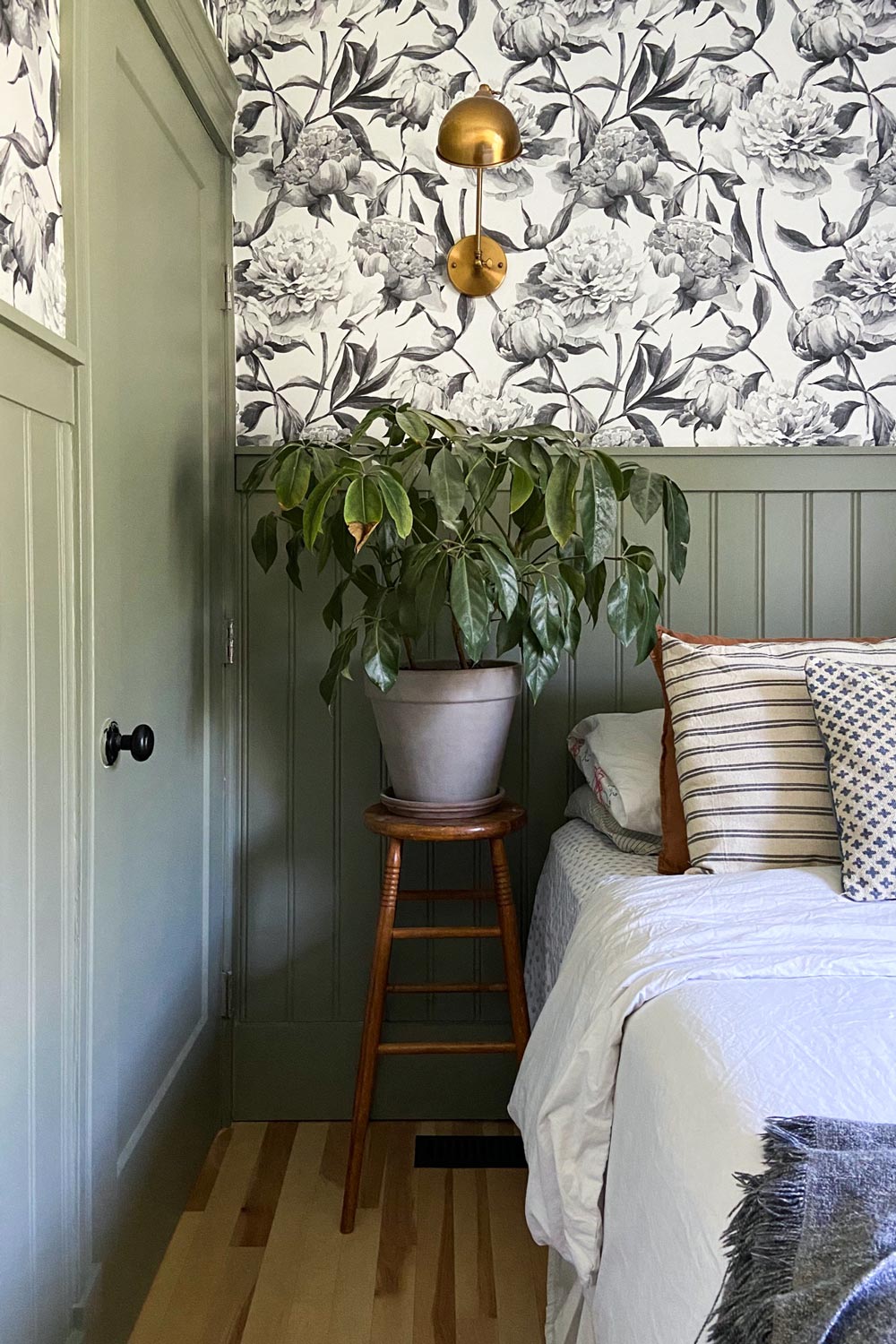 grey peony wallpaper design in bedroom