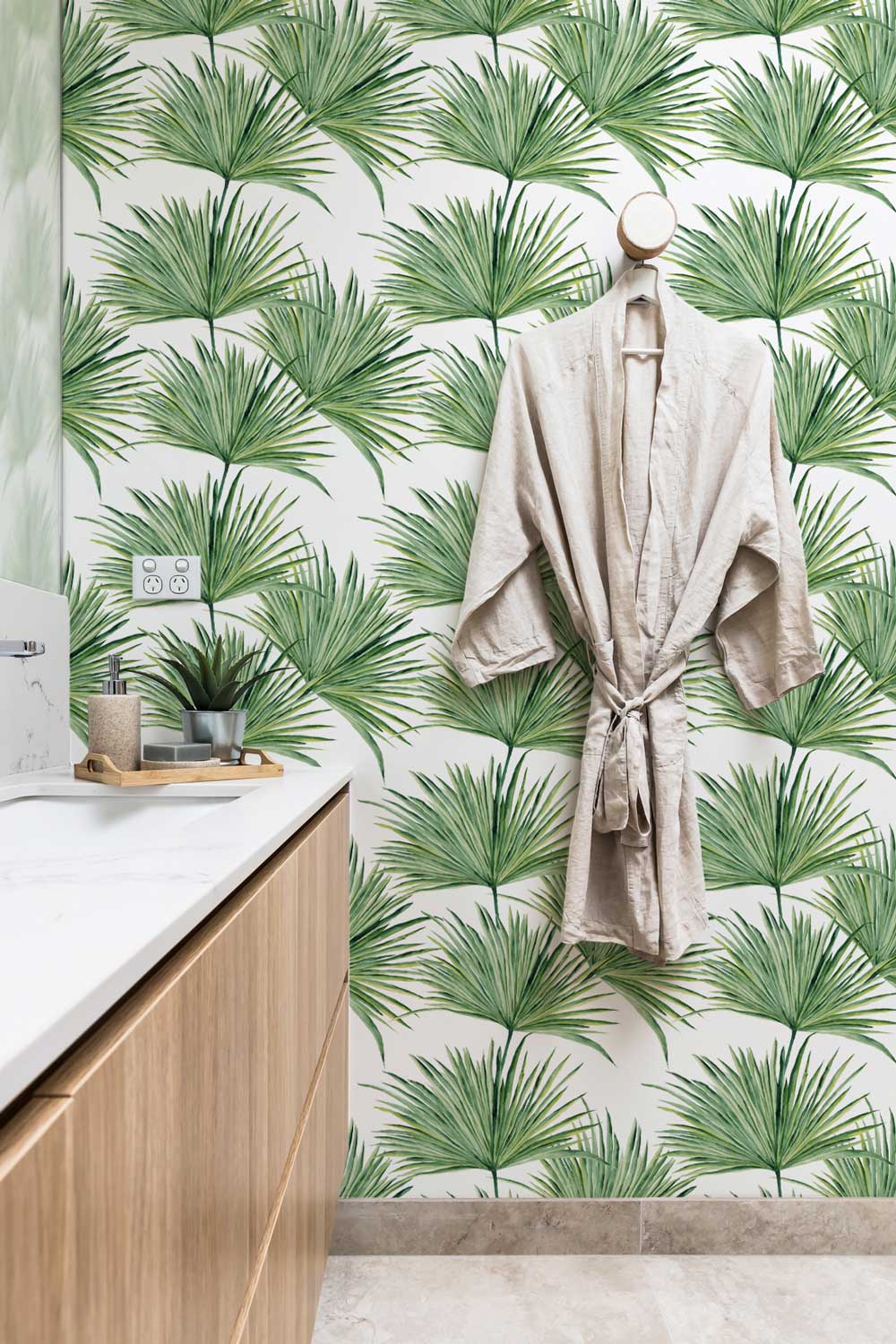 Green Palm Leaf Bathroom Wallpaper Accent Wall