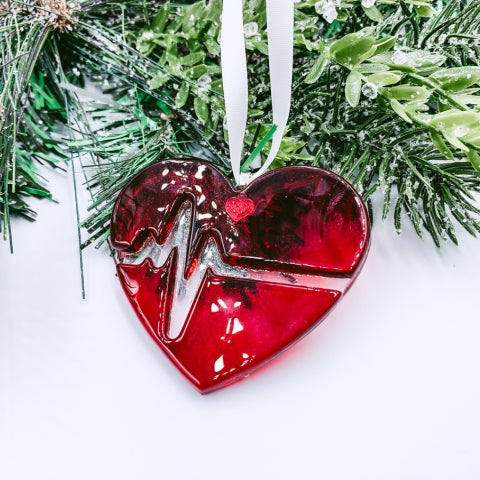 Heart with heartbeat Fused Glass Ornament