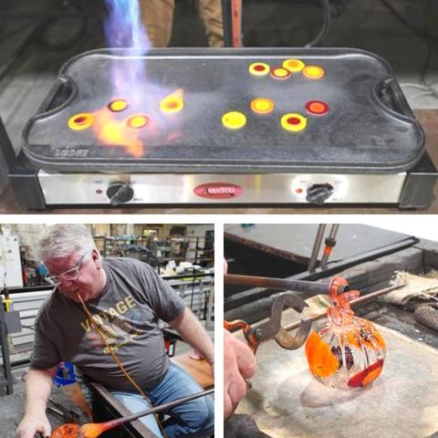 3 images, heating glass precuts, Tim Nolan blowing Glass, Glass Pumpkin