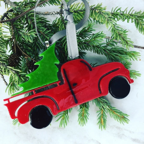 Christmas Tree Truck Fused Glass Ornament