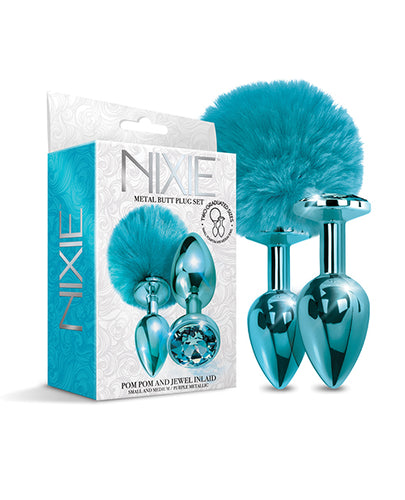 Global Novelties Nixie Metal Butt Plug Set Pom Pom and Jewel Blue Metallic at $23.99