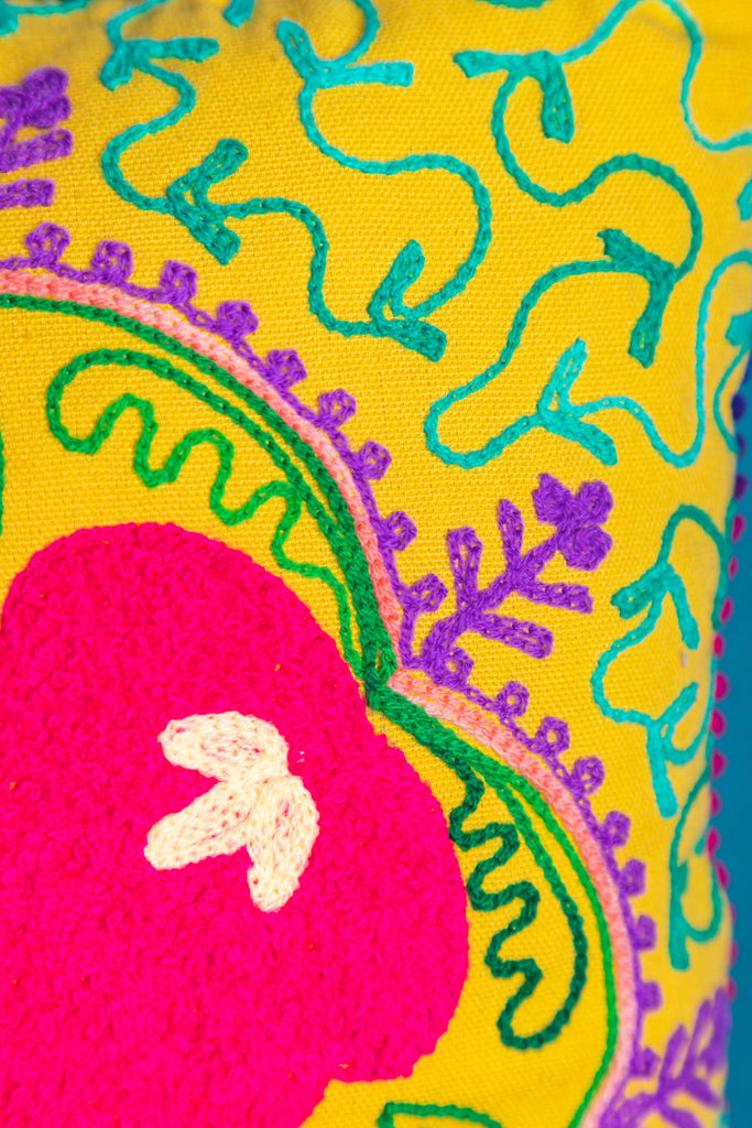 Hand Embroidered Garland Yellow Cotton Cushion Cover | Birch&Yarn