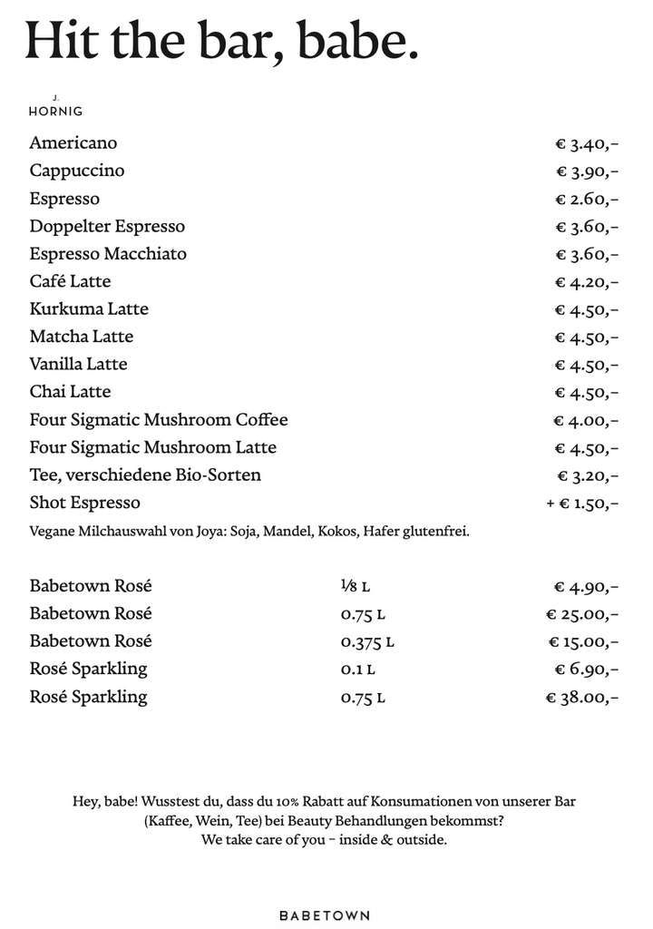 Babetown Getränkekarte mit Preisen