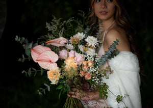 Model with Pastels "Unconditional Love" bouquet - Close up of bouquet and model