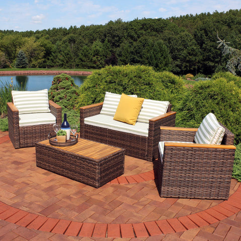 Sunnydaze Kenmare 4-Piece Patio Furniture Set - Rattan and Acacia with Cushions