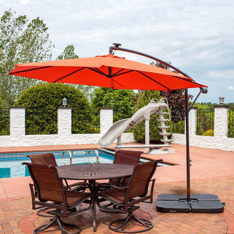 Offset patio umbrella providing ample shade over the patio table.