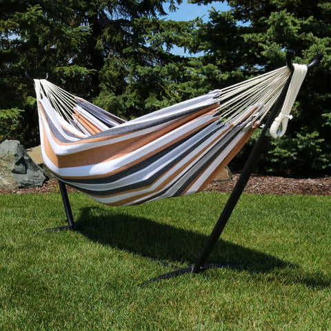 Brazilian hammock with stand displayed in the backyard