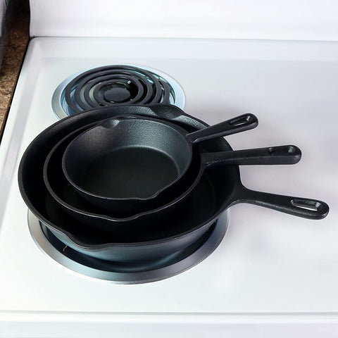 Cast iron pan set on a stovetop