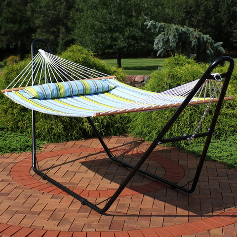 Sunnydaze Quilted Double Fabric 2-Person Hammock with Multi-Use Universal Steel Stand - Blue & Green - 450 Pound Capacity