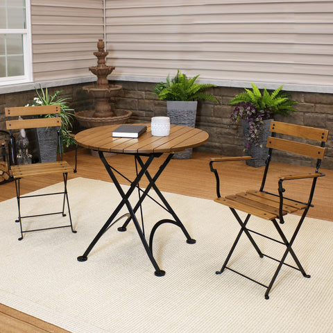 Wooden folding bistro table and chair set ideal for smaller spaces.