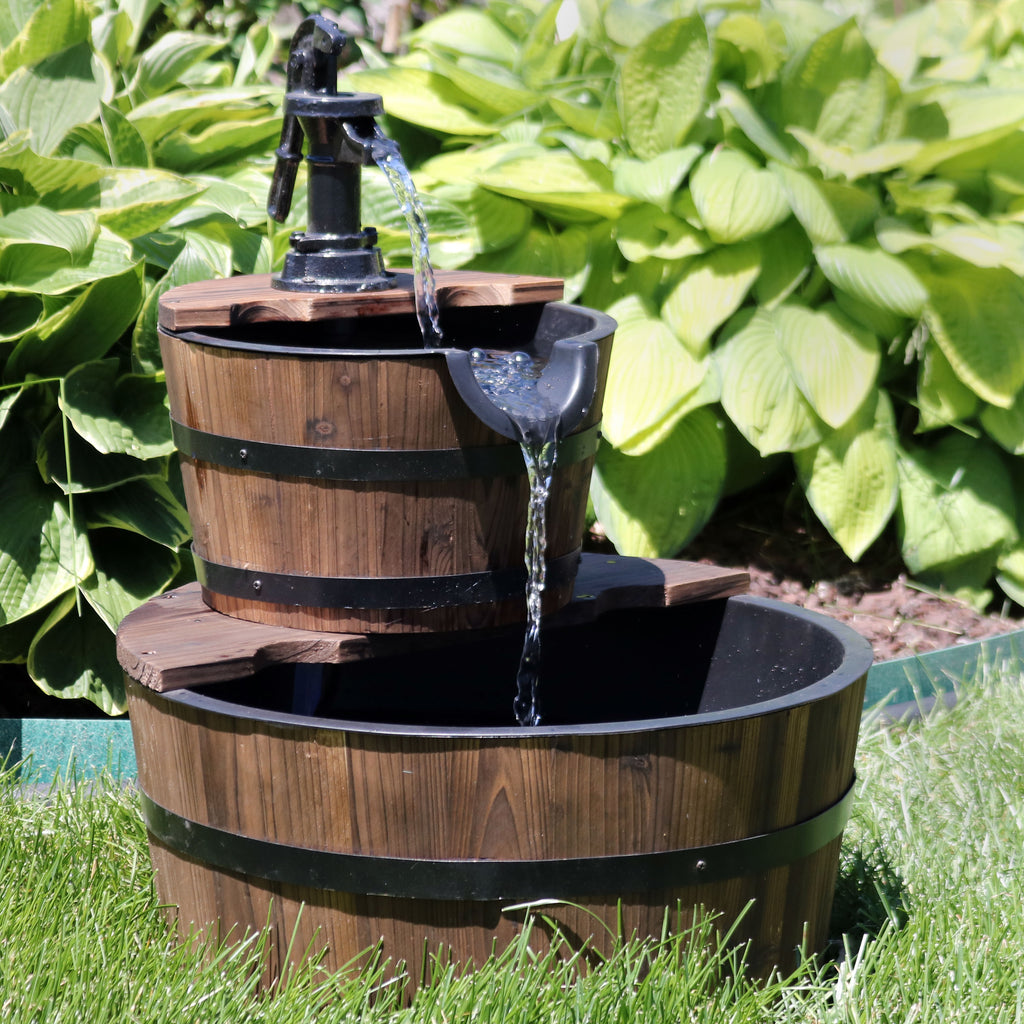 2-Tier Wood Barrel Fountain with Hand Pump