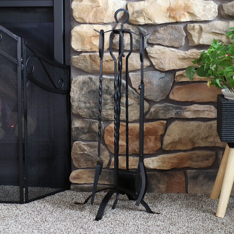 Sunnydaze 5-Piece Steel Fireplace Tool Set with Stand