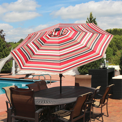 Sunnydaze Solar LED Lighted 9' Aluminum Umbrella with Tilt & Crank - Awning Stripe