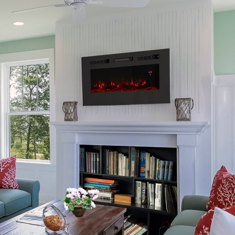 Fireplace hung on the wall of a cozy living room