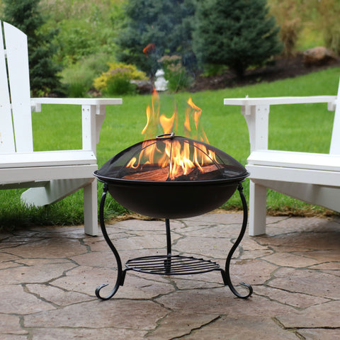 Sunnydaze Elegant Black Steel Fire Bowl Pit with Spark Screen and Built-In Firewood Holder - 18-Inch Diameter