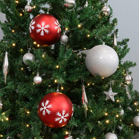 Sunnydaze tree with lights, red bulbs with snowflakes, ad silver bulbs