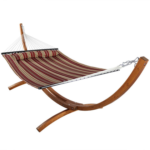 Sunnydaze 2-Person Double Quilted Hammock with Wooden Stand - Red Stripe - 12'