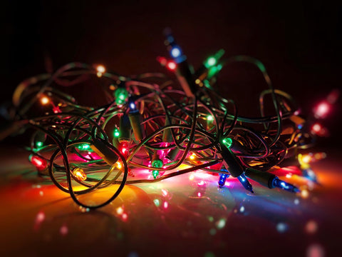 Multi-color string lights tangled up