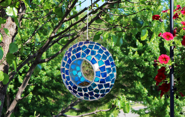 Blue mosaic glass bird feeder