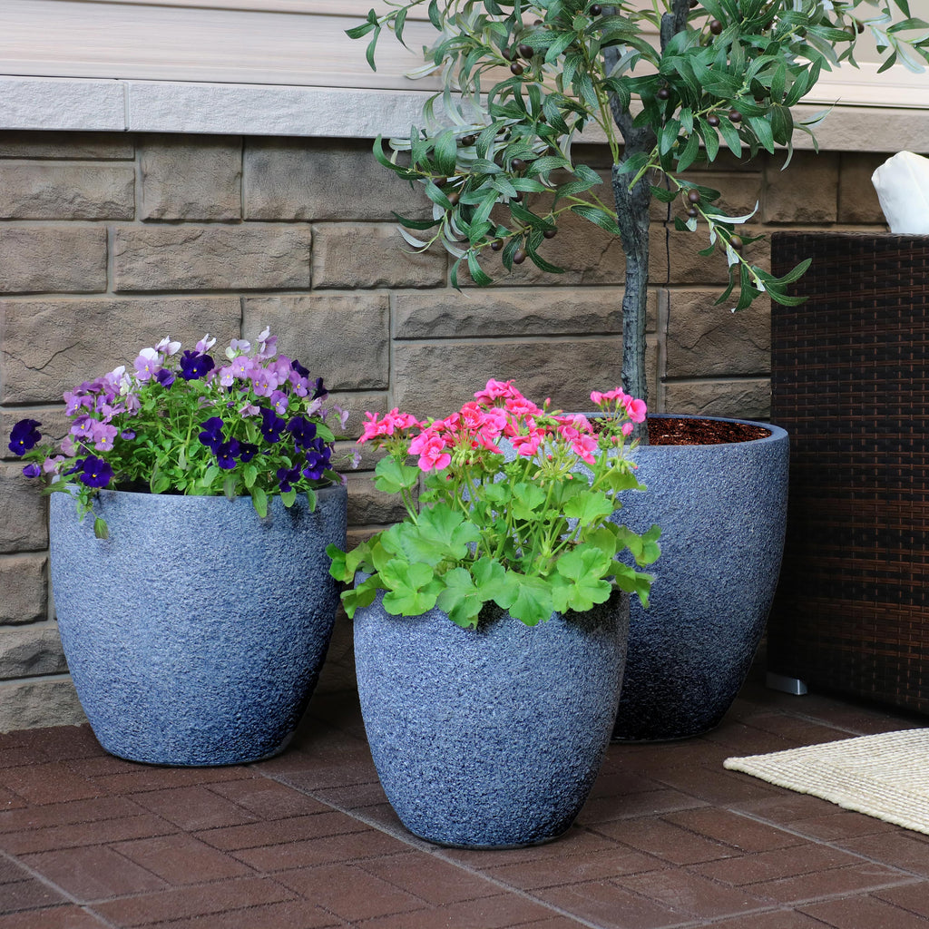 Sunnydaze Estate Fiber Clay Planter Flower Pot, Durable Indoor/Outdoor Sets, Gray Sandstone