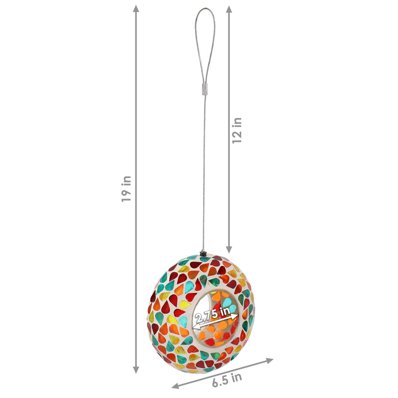 Confetti-colored mosaic hanging bird feeder with steel wire and hanging loop.