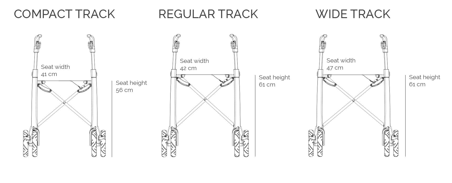 byACRE Ultralight light rollator three sizes side by side to view