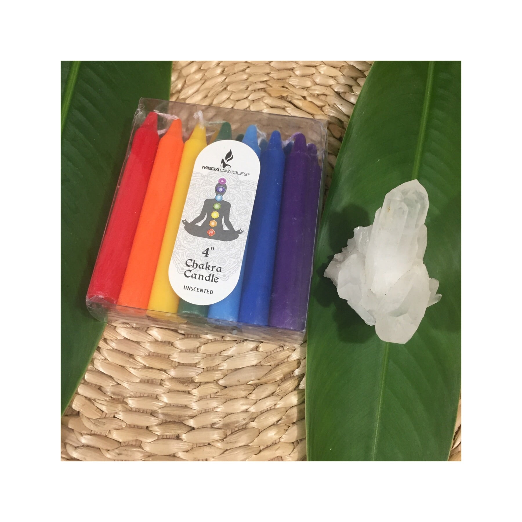 14 Chakras Candle Set + Crystal Quartz Cluster Bundle