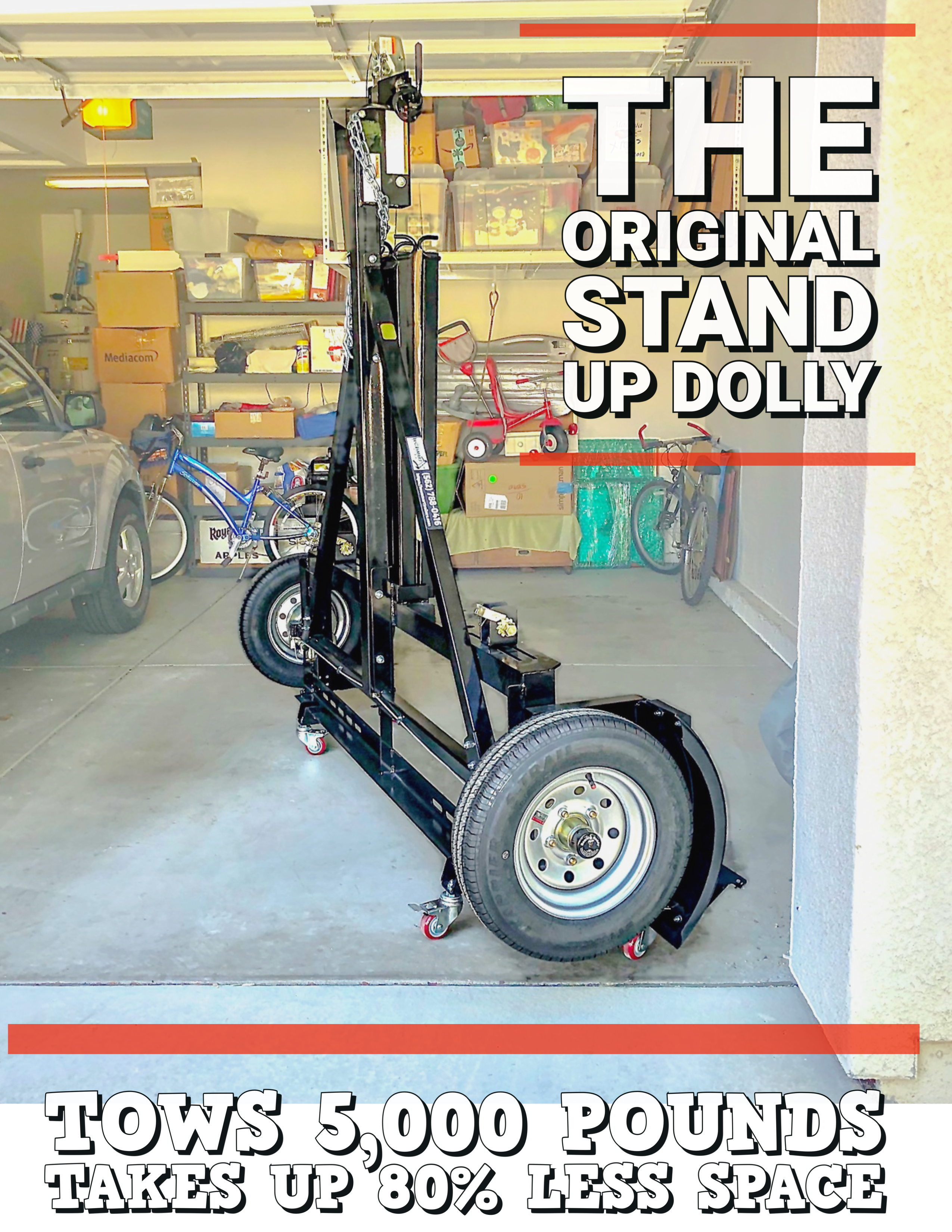 "This American-made stand-up car dolly features a heavy-duty steel frame with a weight capacity of up to 5000 pounds, making it a reliable choice for moving and storing vehicles of various sizes."
