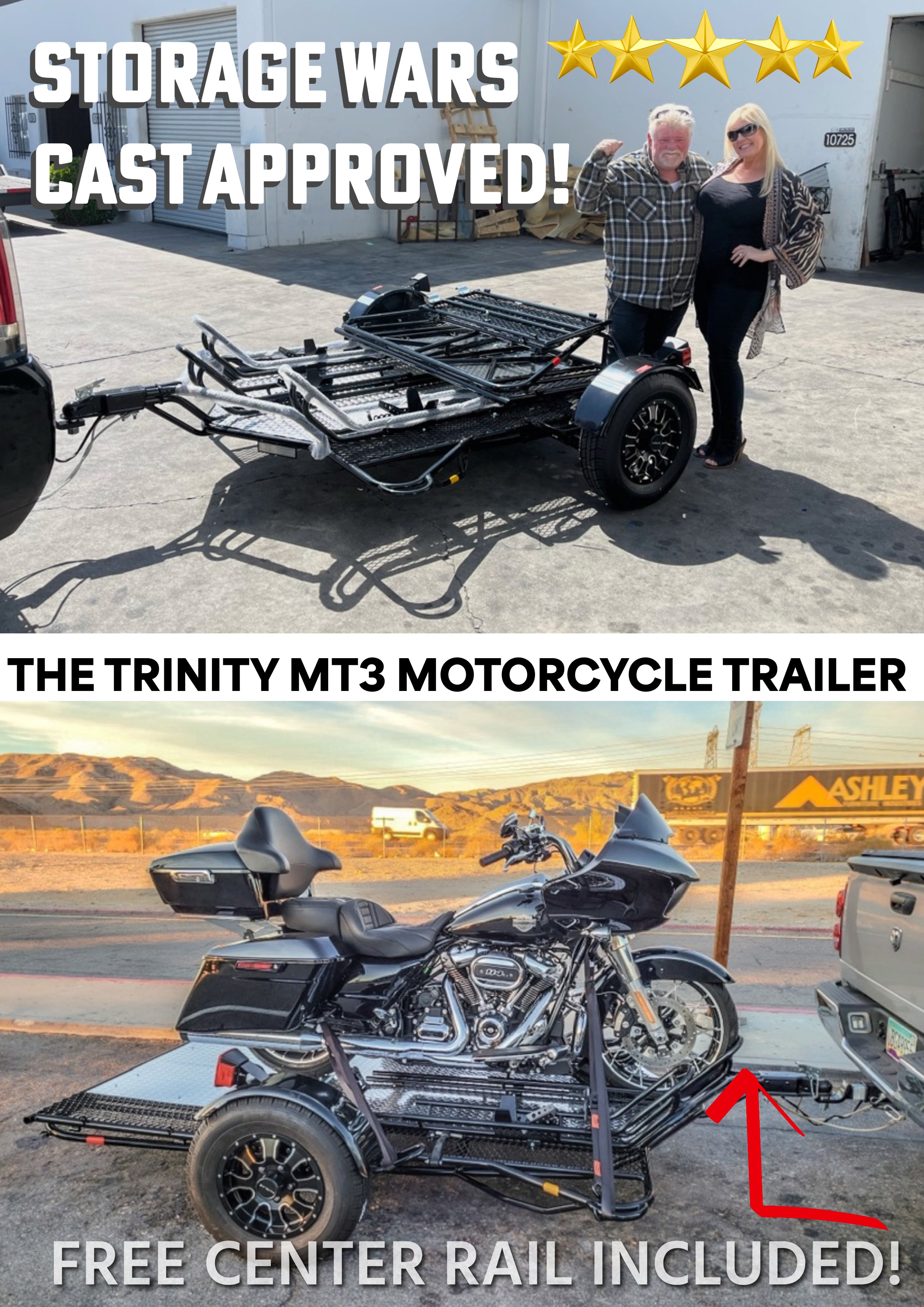 Trinity Mt3 bike trailer with storage wars cast. Towing harley davidson