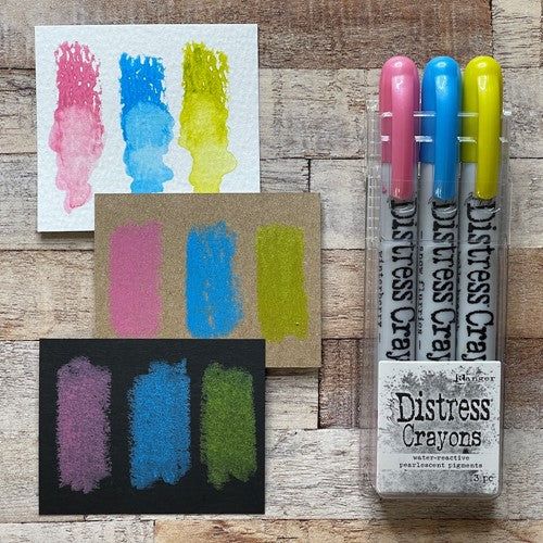  Tim Holtz Distress Pearlescent Crayons, Halloween 2022 Release,  Sets #3 and #4, Tim Holtz Black Two-Tone Woodgrain Cardstock, Carnora Amber  Spray Bottle, Bundle of 4 Items