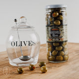 OLIVES GLASS JAR WITH SLOTTED SPOON