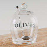 OLIVES GLASS JAR WITH SLOTTED SPOON