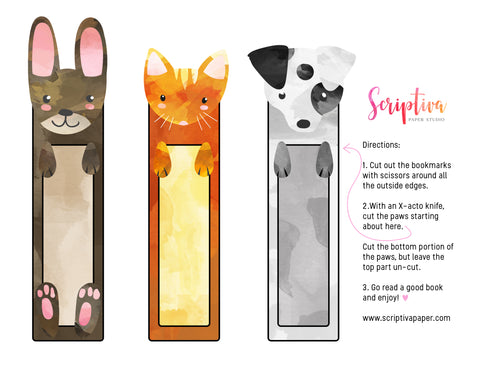 free printable pet bookmarks for kids cat dog and bunny rabbit