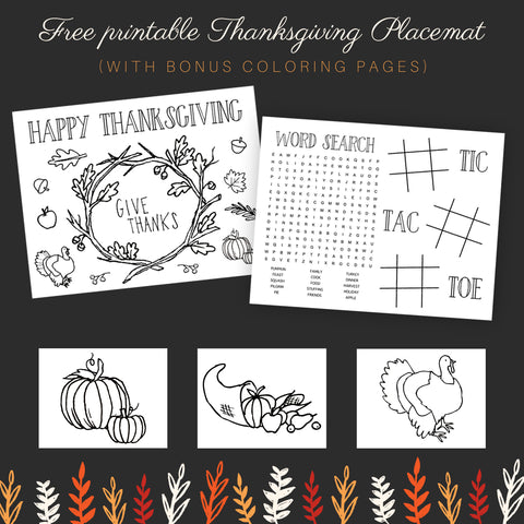 thanksgiving activity placemat with coloring page and word search for kids