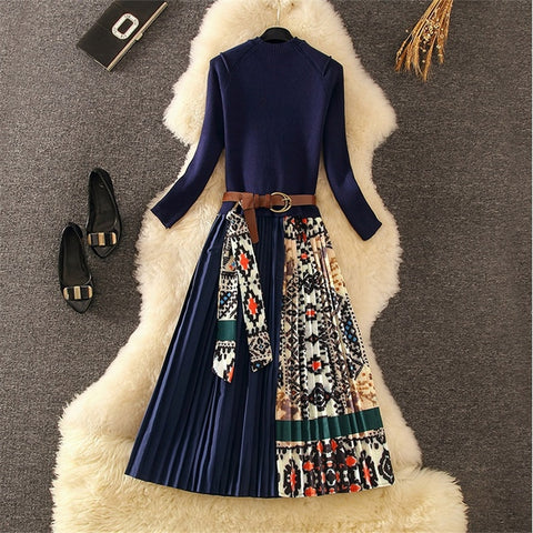 Anong Retro Print Pleated Long Midi Dress - Flawless Coat Boutique