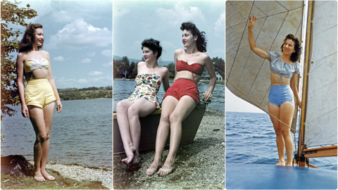 women wearing first ever two piece swimsuit designs in the 40s