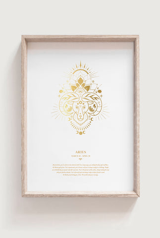 Aries Zodiac Art Print in Gold Foil in frame on cream background