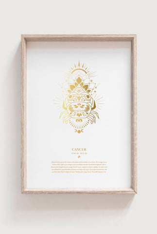 Gold Cancer Zodiac Art Print in frame