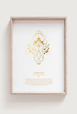 Gold Capricorn Zodiac Art Print in frame on cream background