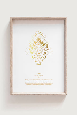 Gold Leo Zodiac Art Print in Frame on cream background