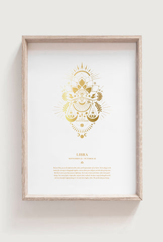 Gold Foil Libra Art Print in frame on cream background